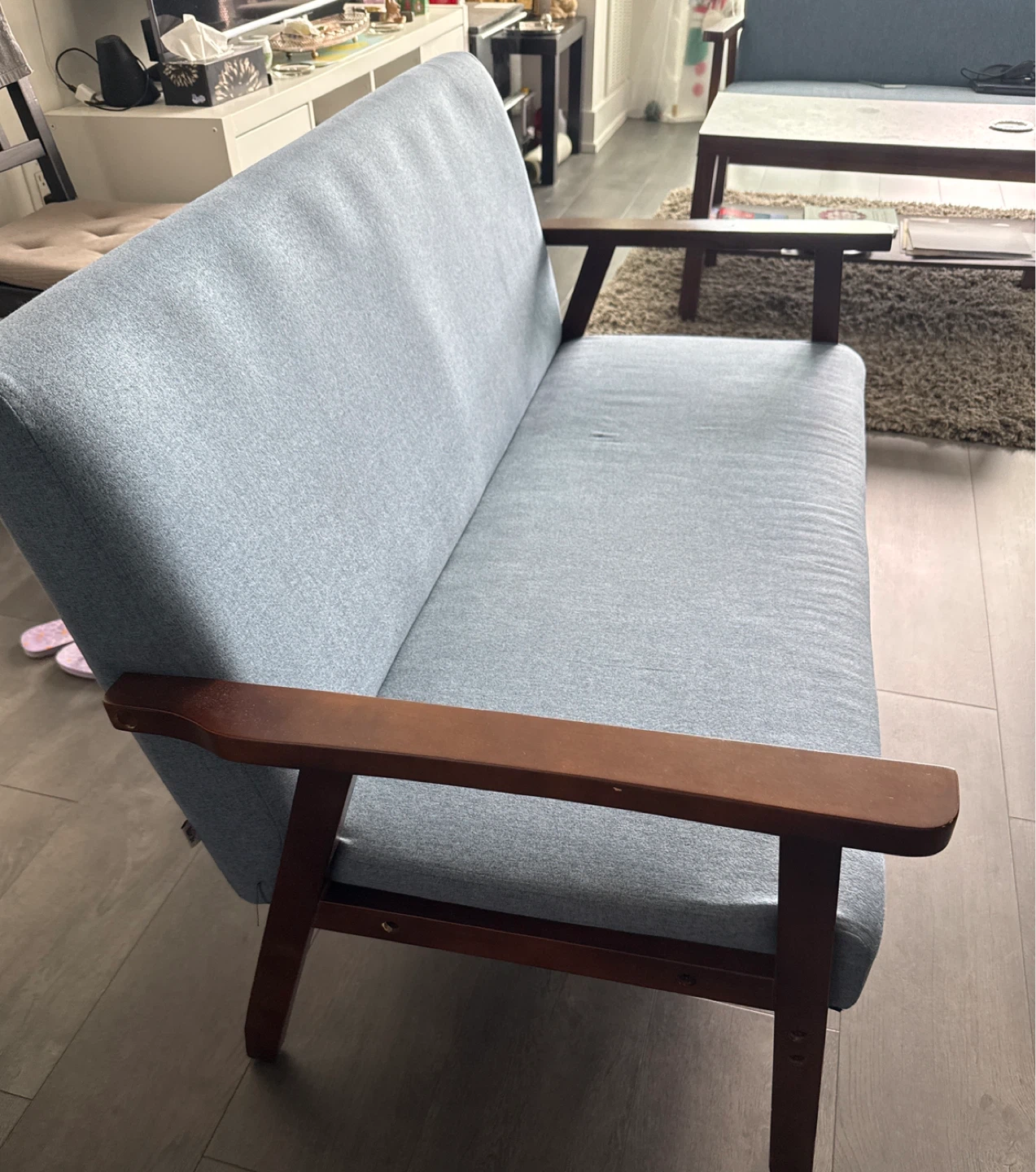 Blue Upholstered Loveseat with Wooden Frame - photo 2