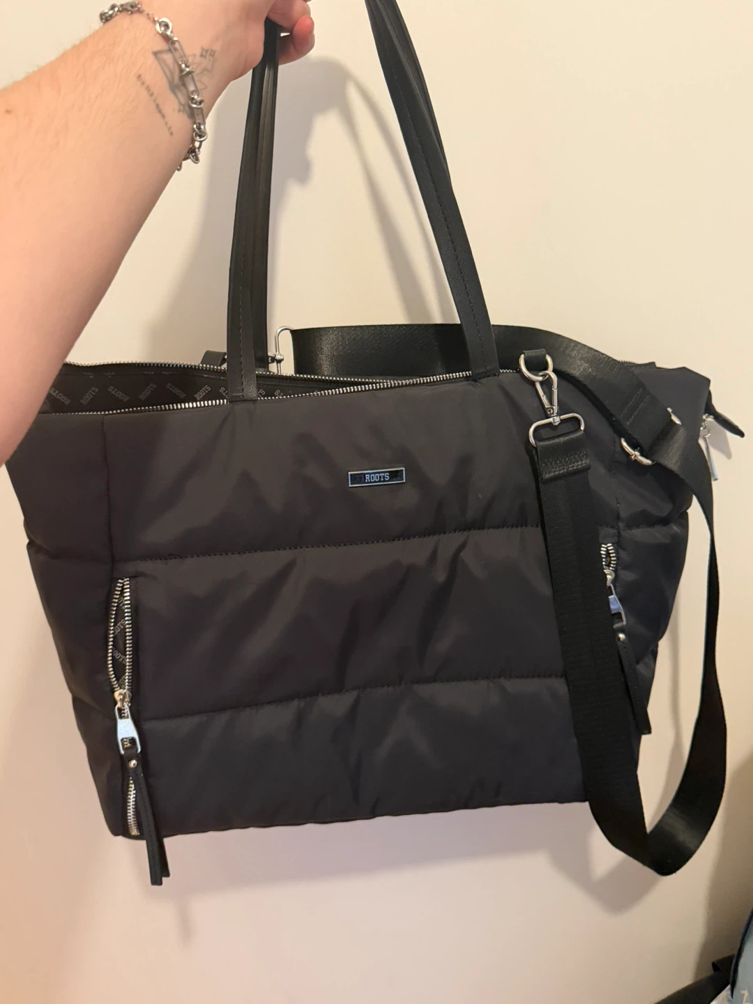 Roots Black Puffer Tote Bag