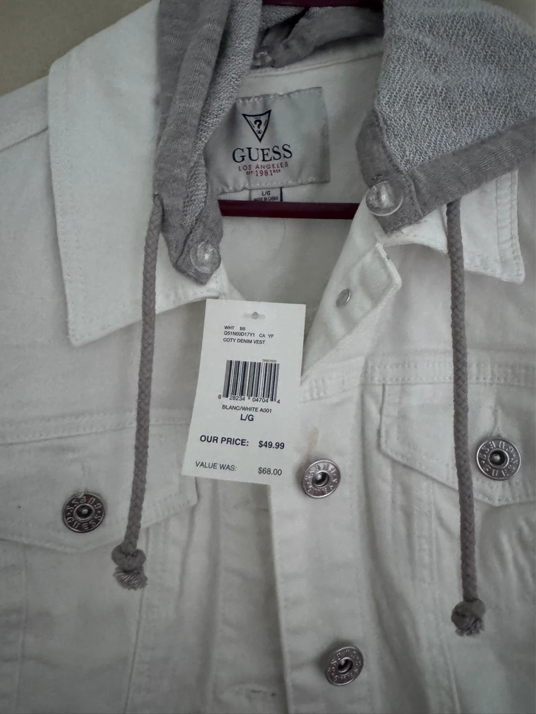 GUESS White Denim Hooded Vest - Size L - photo 2