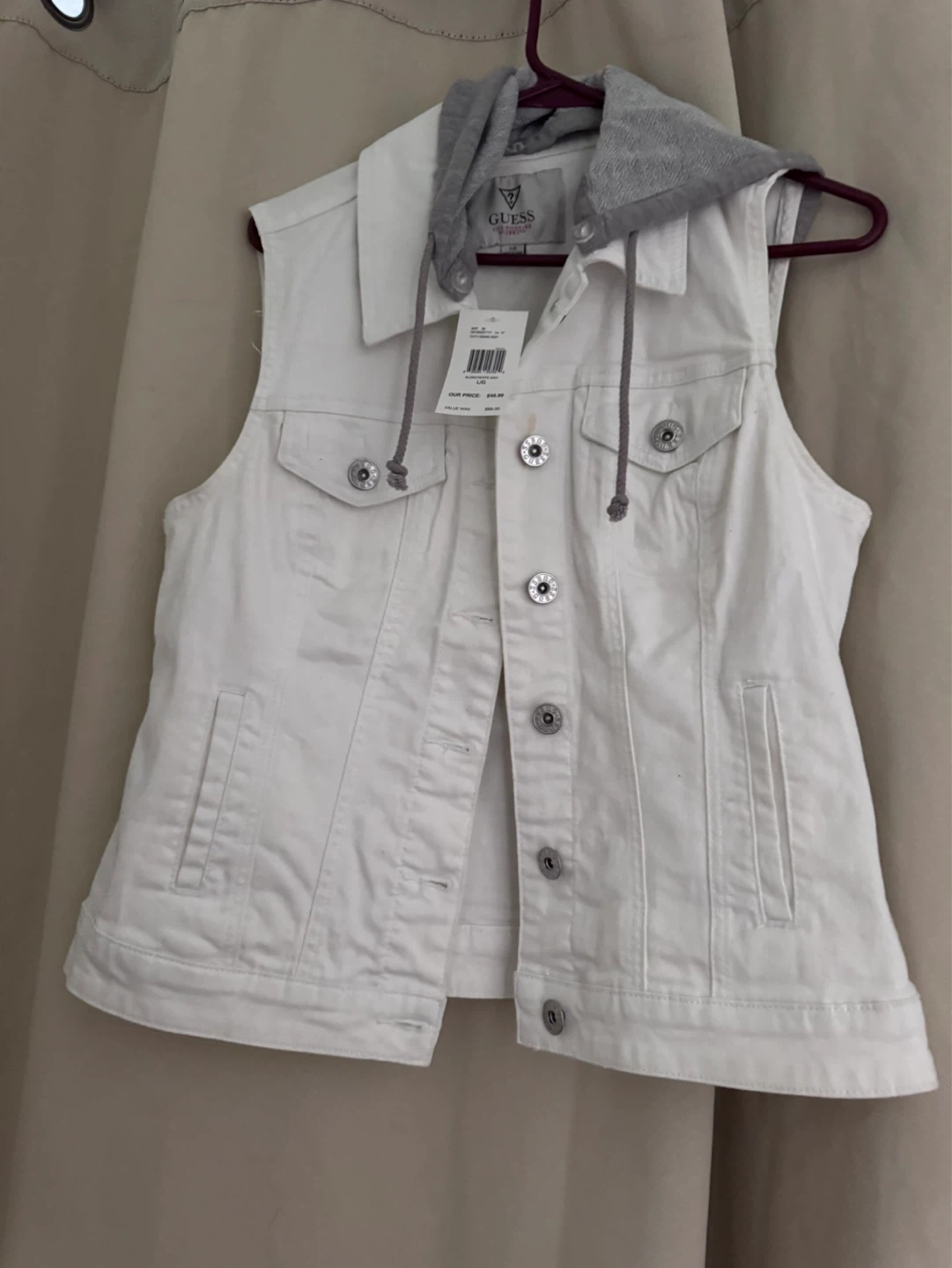 GUESS White Denim Hooded Vest - Size L