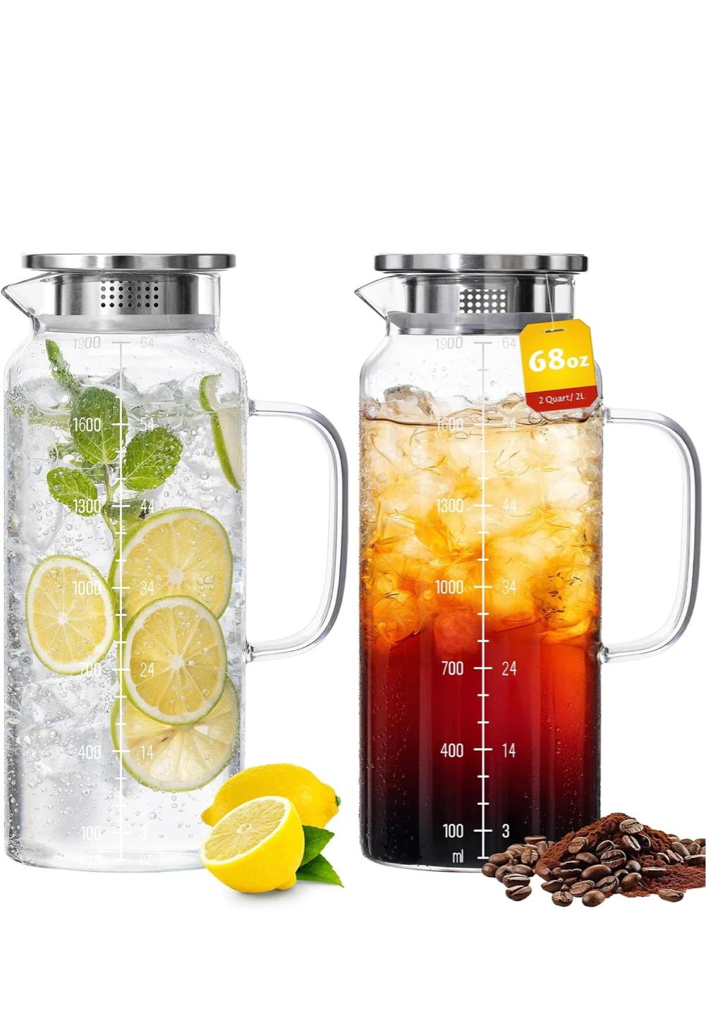 Glass Pitcher with Stainless Steel Lid (two!)