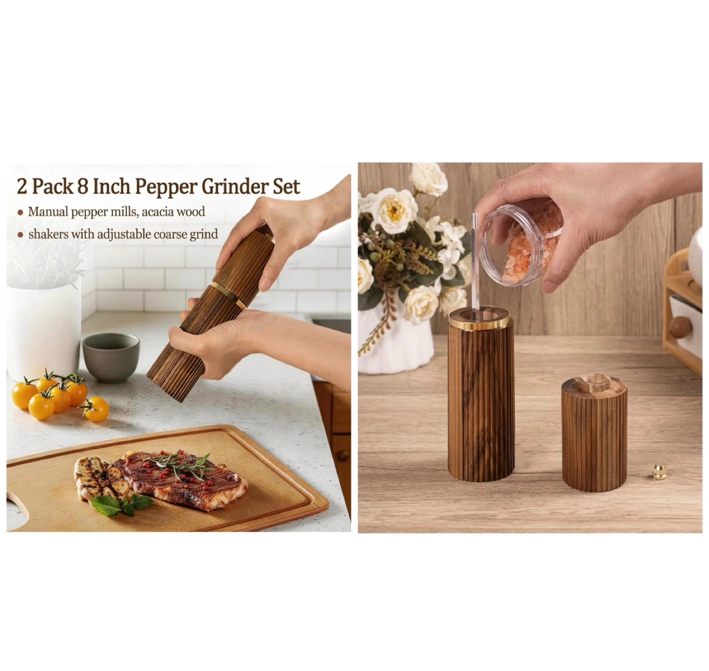 Brand new 2 Pack Acacia Wooden Salt and Pepper Grinder Set - photo 4