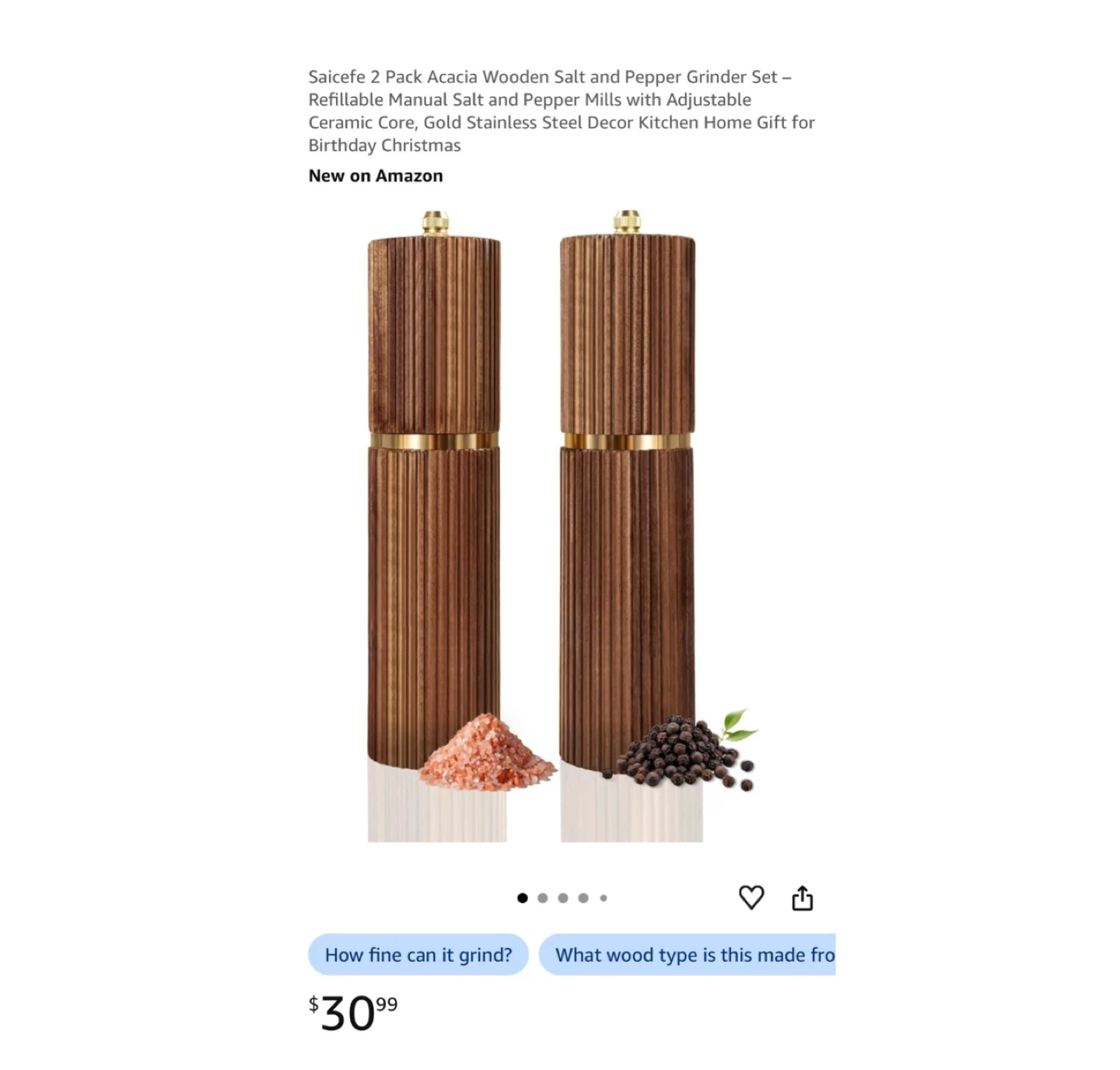 Brand new 2 Pack Acacia Wooden Salt and Pepper Grinder Set
