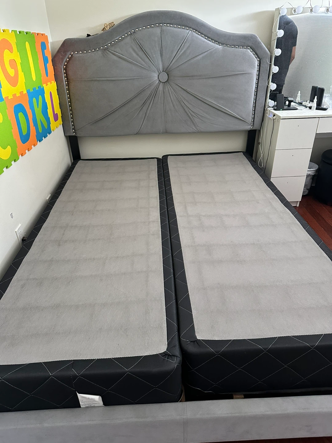 Queen Grey Velvet Upholstered Headboard Bed Frame