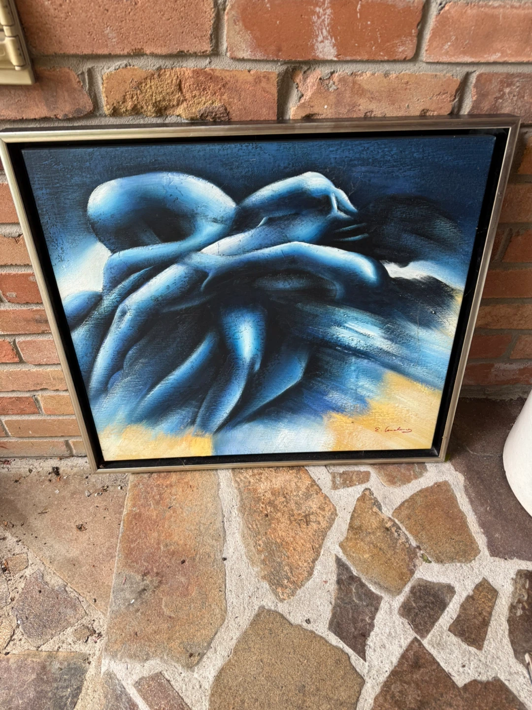 Framed Painting on canvas, Nude in Blue Signed by E. Guelong