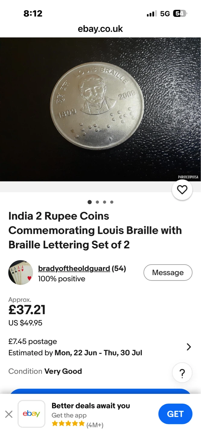 Rare find India 🇮🇳 2 Rupee Coin Commemorating Louis Braille - photo 2