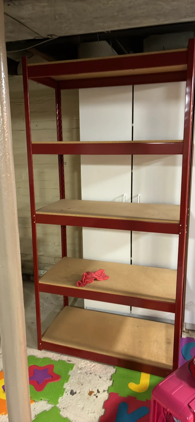 Metal and wood shelf.