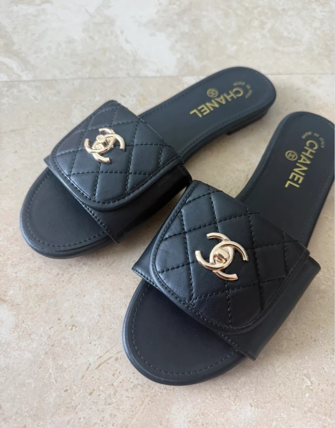 Chanel Black Quilted Leather Slides