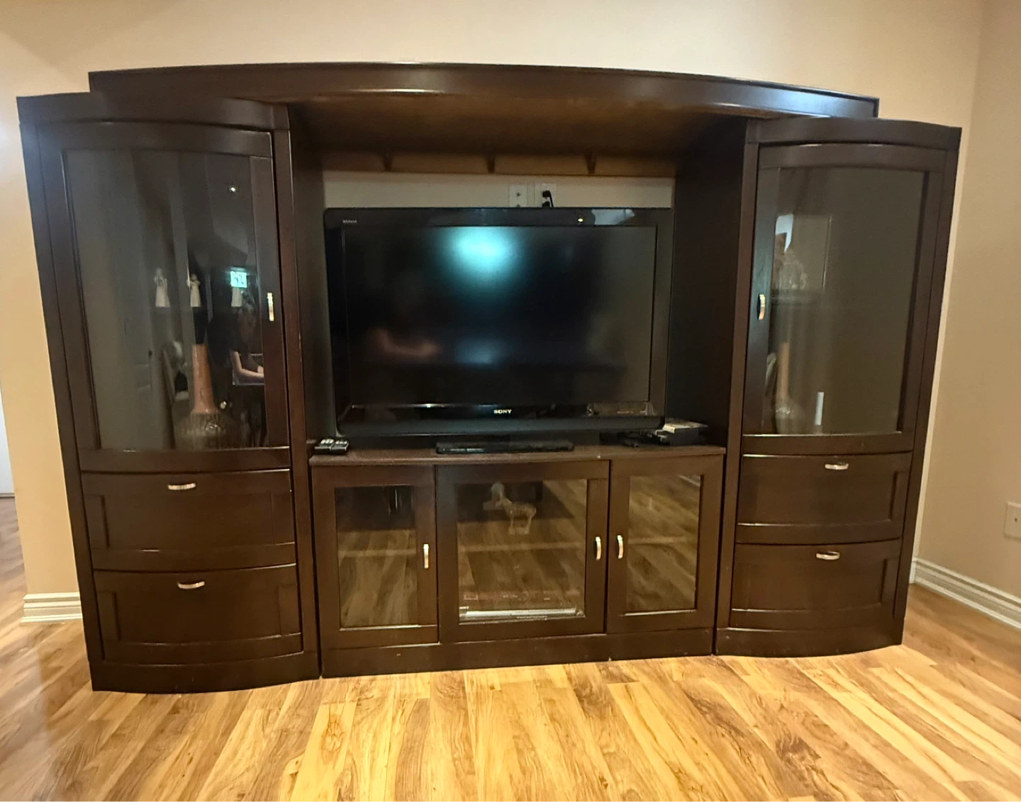 Dark Wood Entertainment Unit with Glass Doors