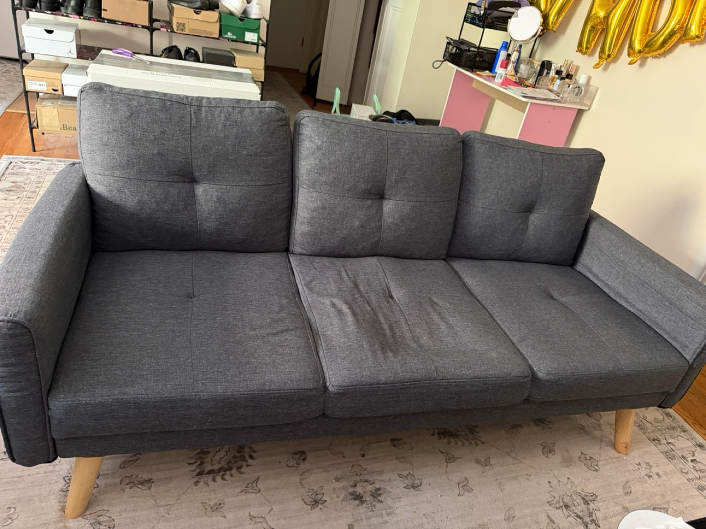 Dark Gray Tufted Sofa with Side Pockets