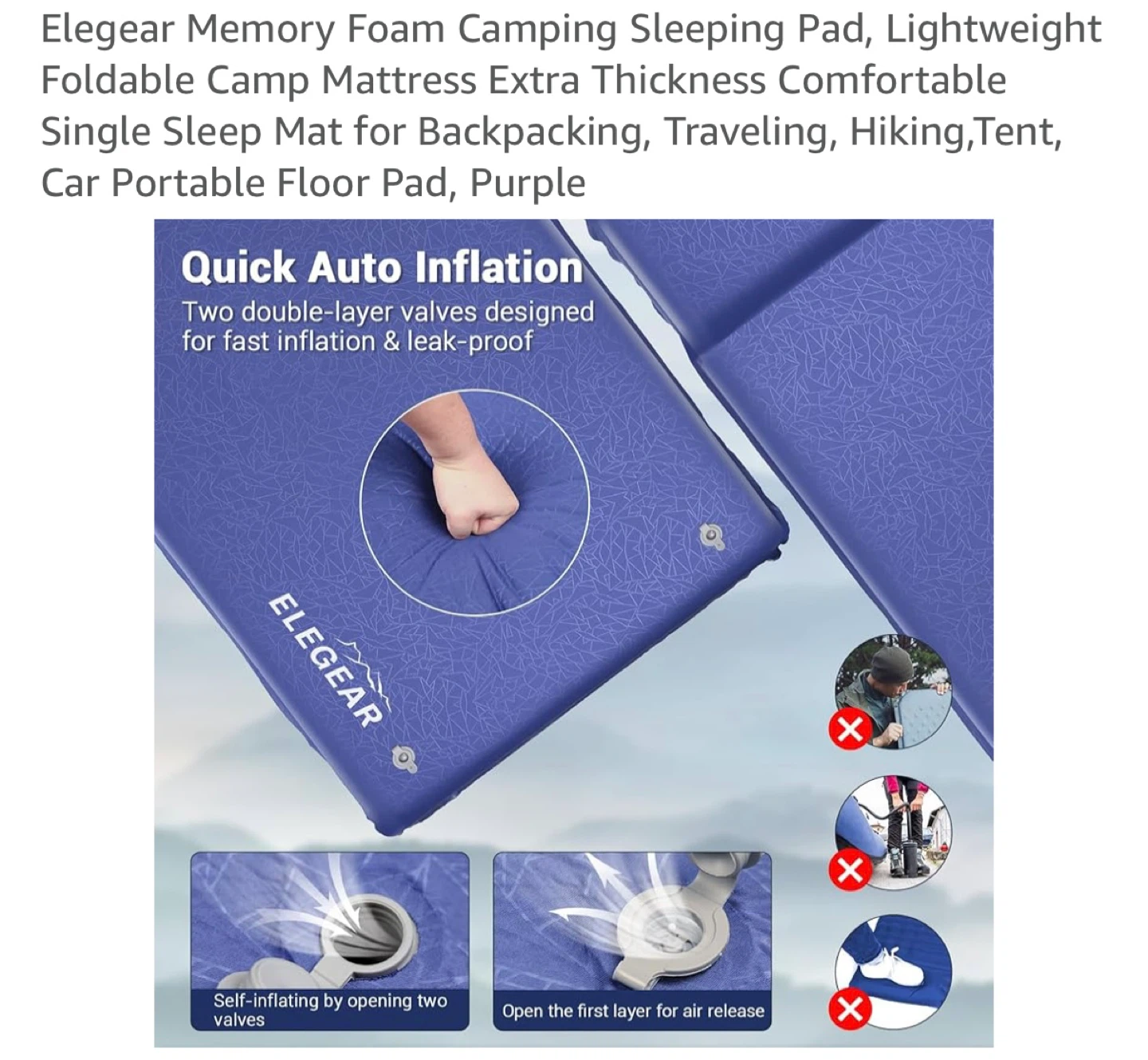 Elegear Purple Memory Foam Camping Sleeping Pad - photo 4