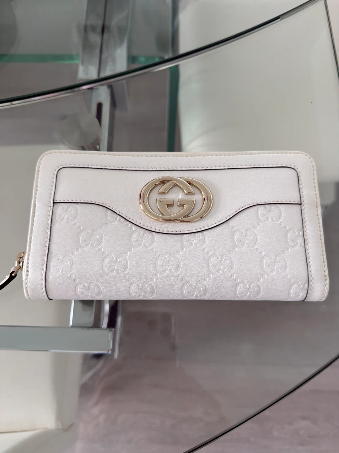 White Leather Zip Around Wallet