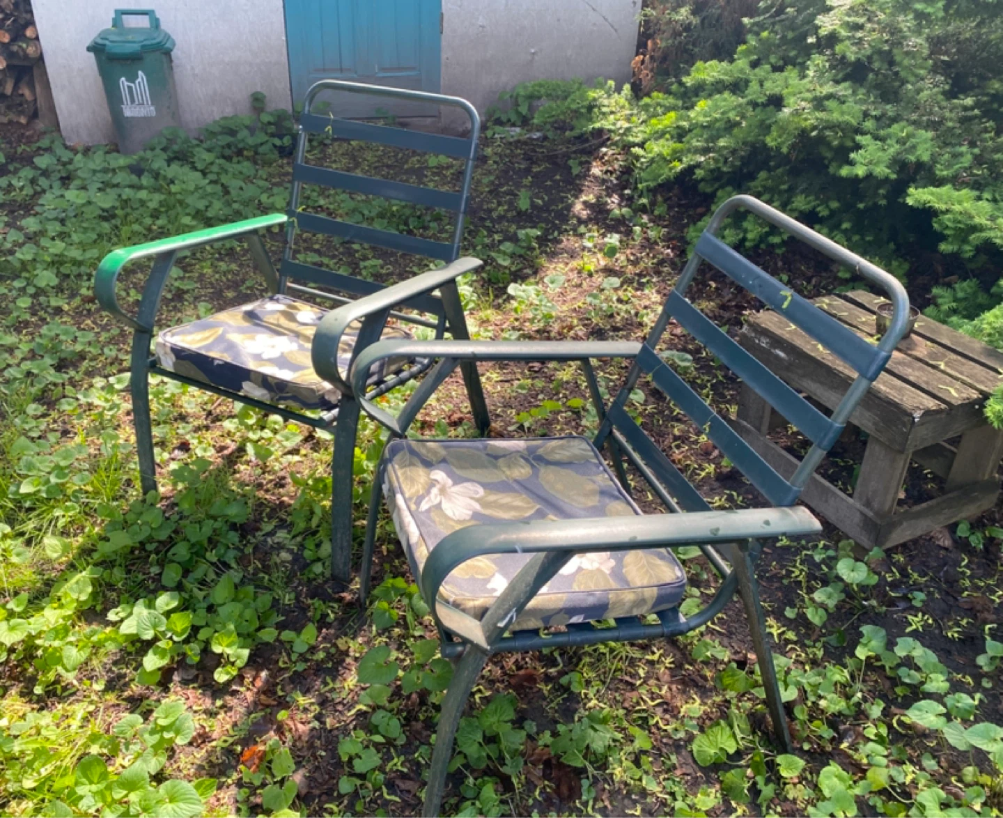 Two Green Metal Lawn Chairs + Cushions