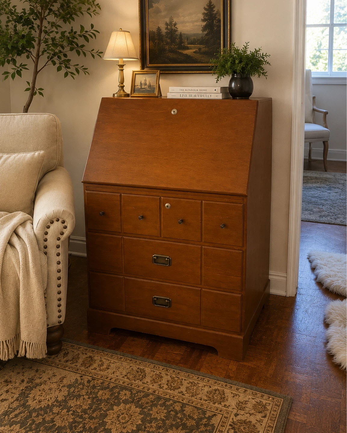 Vintage Wooden Secretary Desk with Drawers