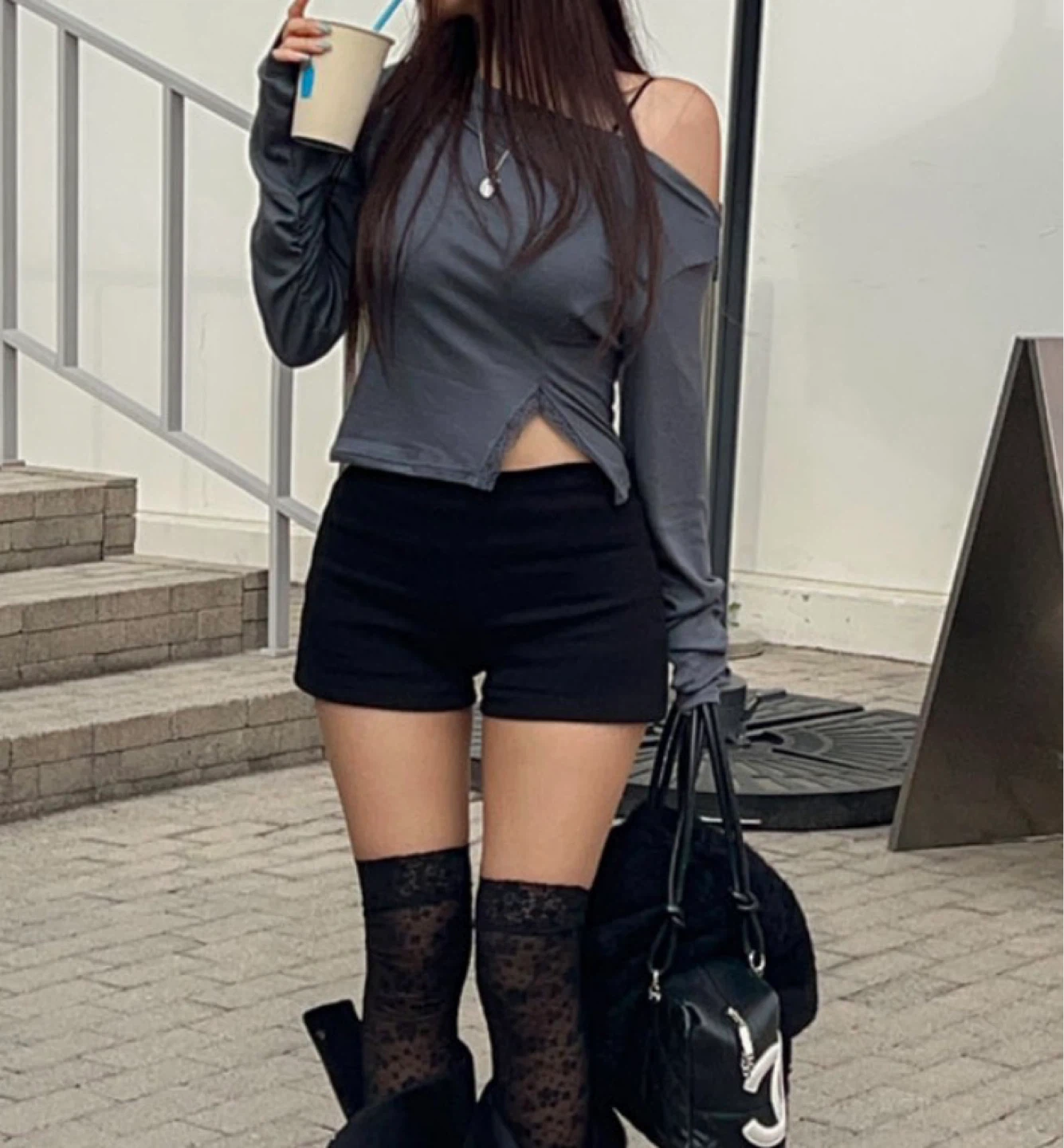 Grey Cold Shoulder Long Sleeve Top