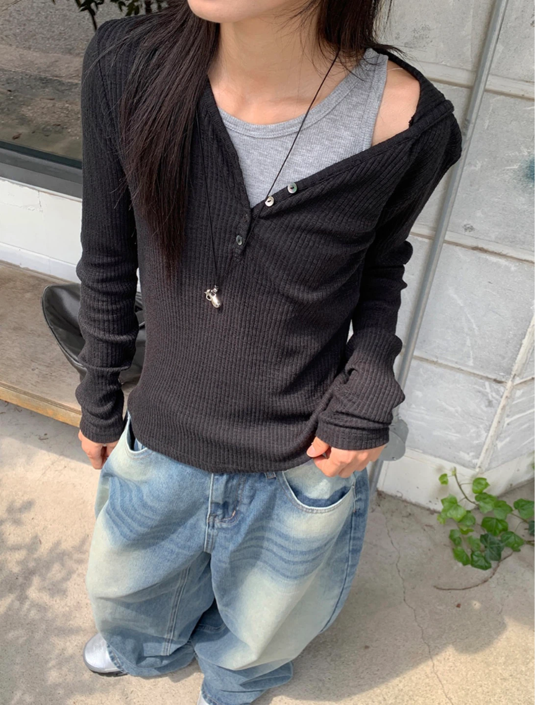Korean Style - Black Ribbed Henley Long Sleeve Top