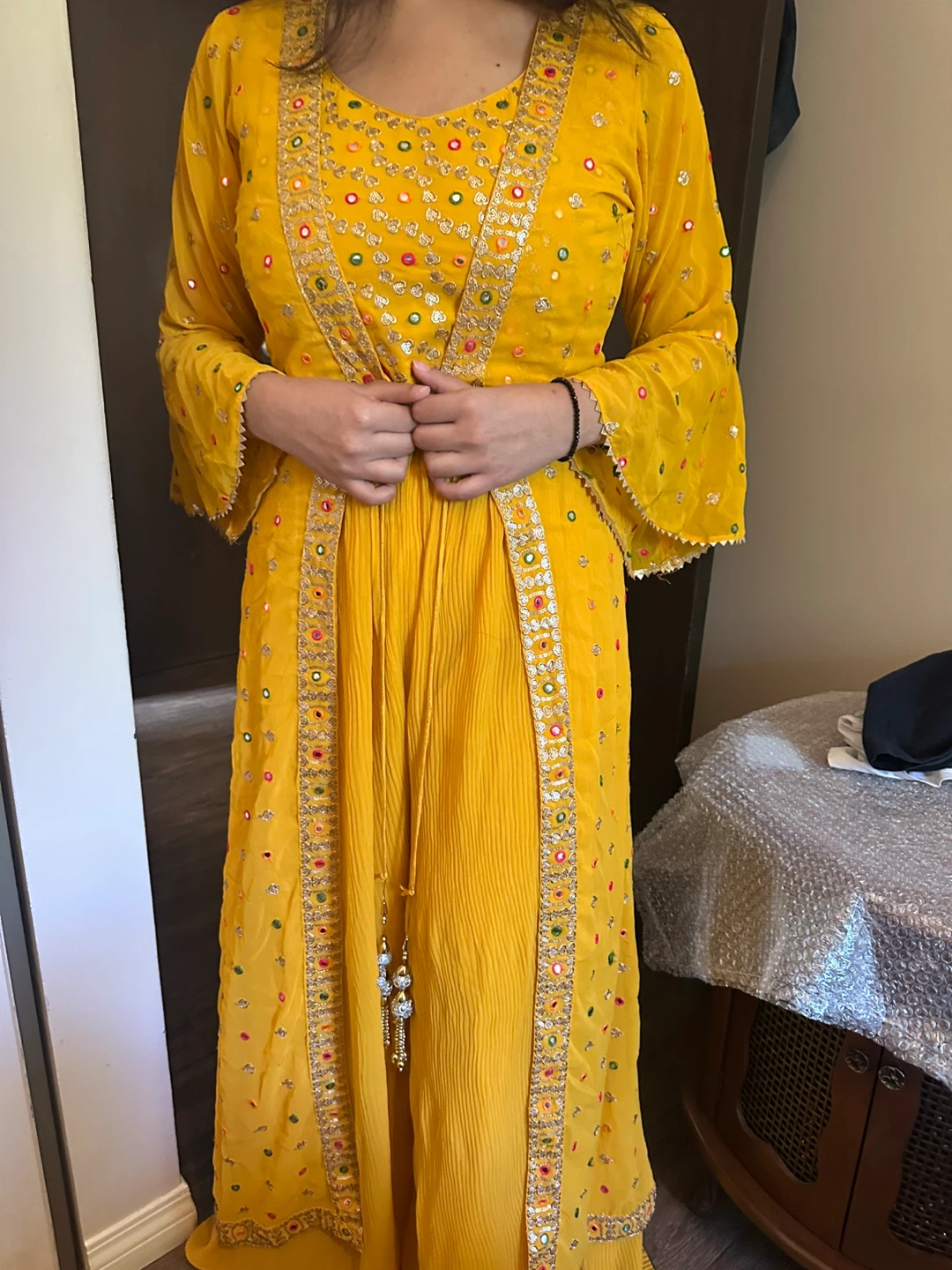Yellow Embroidered Dress with Mirror Work