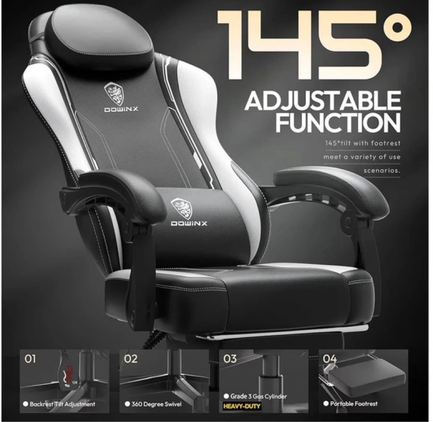 Dowinx Gaming Chair with Footrest - Like New (White/Black) - photo 3