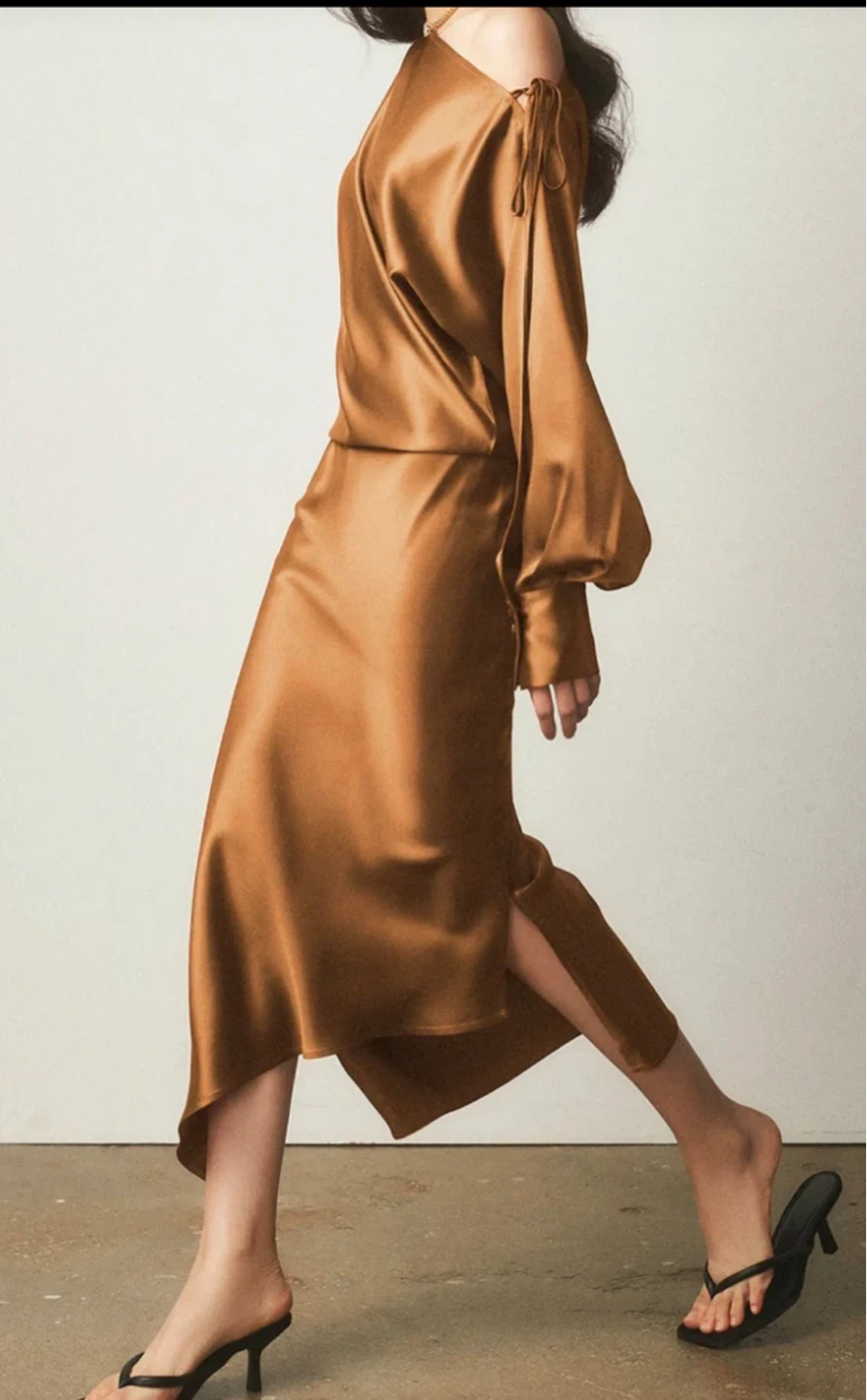 Satin Asymmetrical Split Midi Skirt - Size L - photo 4