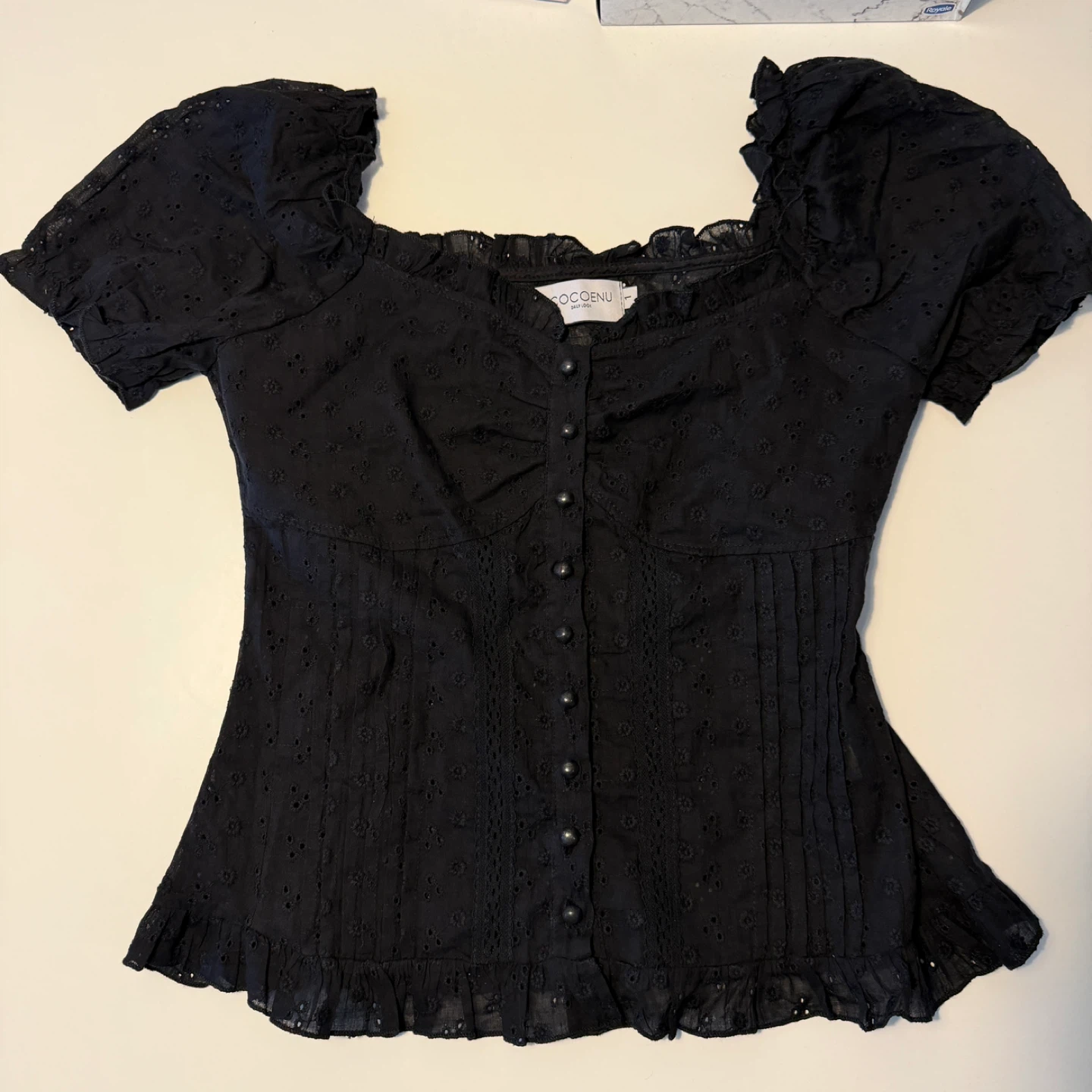 Korean Style- Black Eyelet Puff Sleeve Top