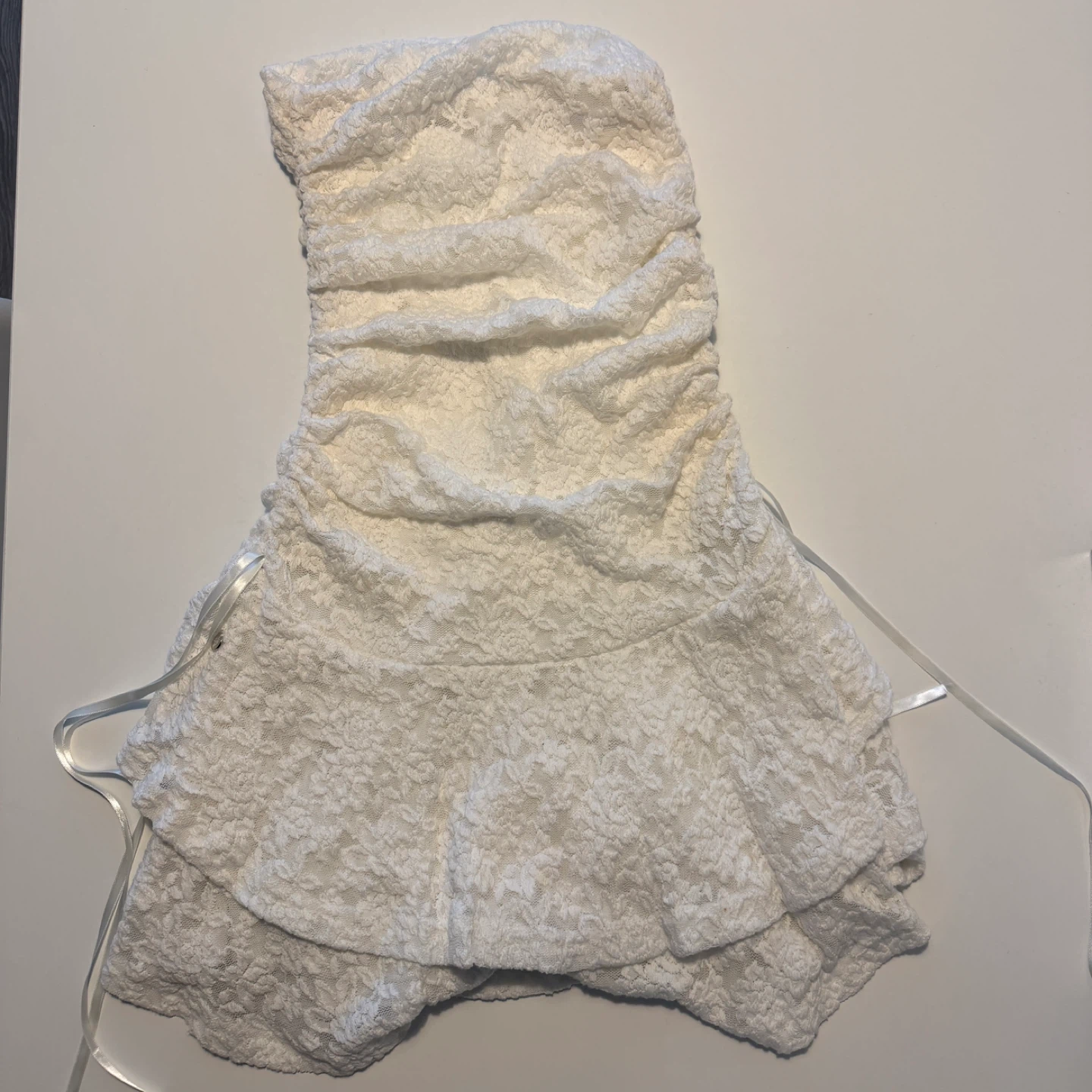 White Lace Ruched Strapless Dress