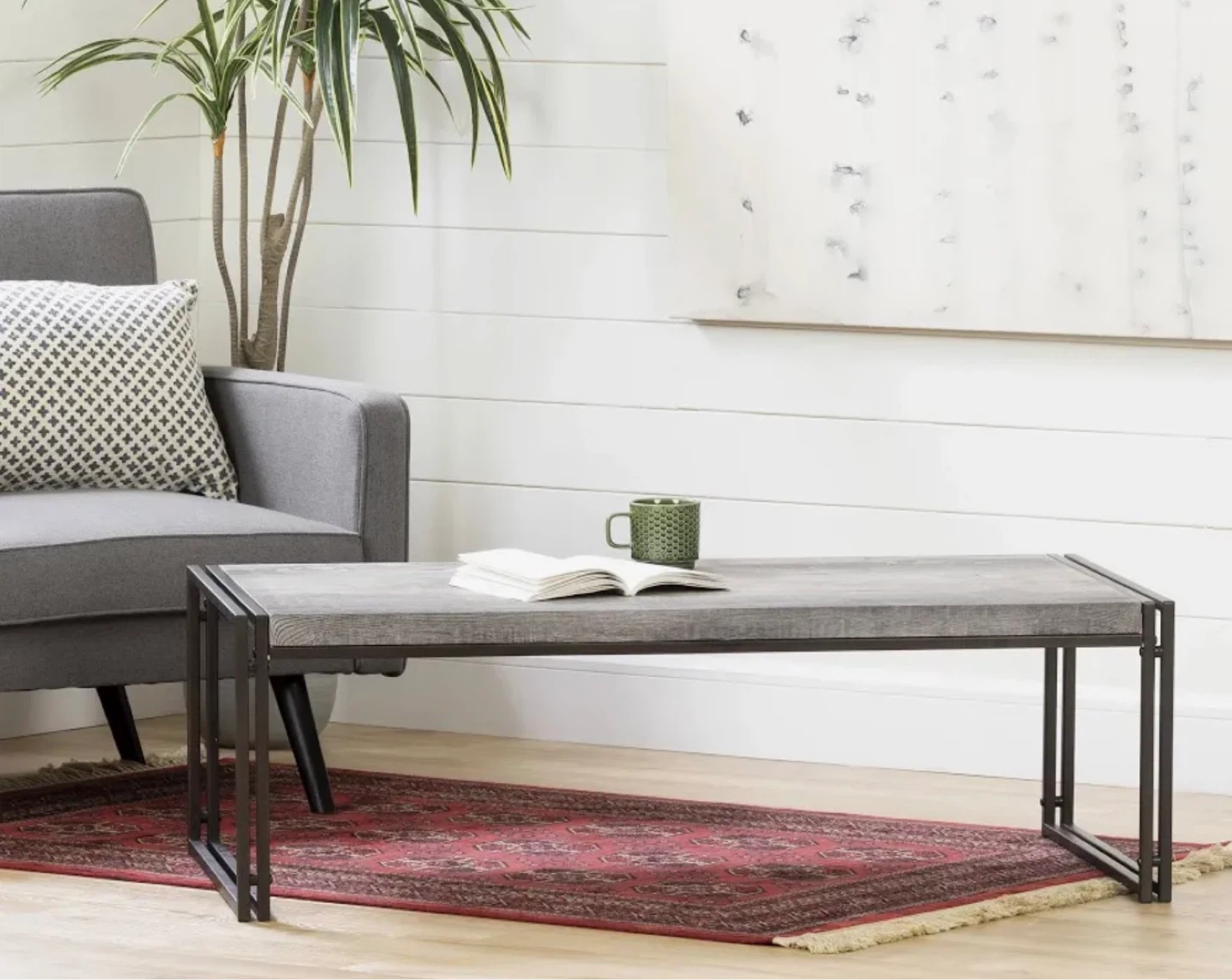 Rectangular Coffee Table - Grey Wood & Black Metal