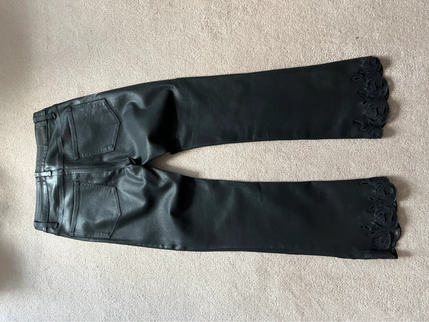 PAIGE Black Faux Leather Pants with Rose Detail - photo 3