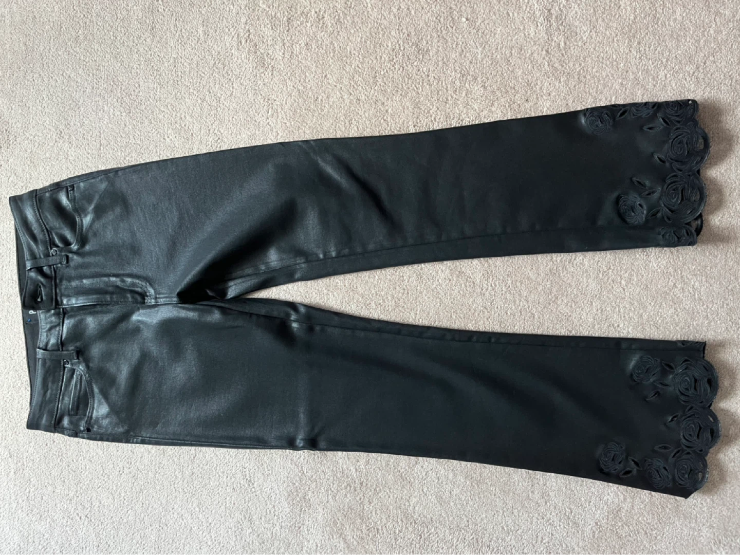 PAIGE Black Faux Leather Pants with Rose Detail - photo 2