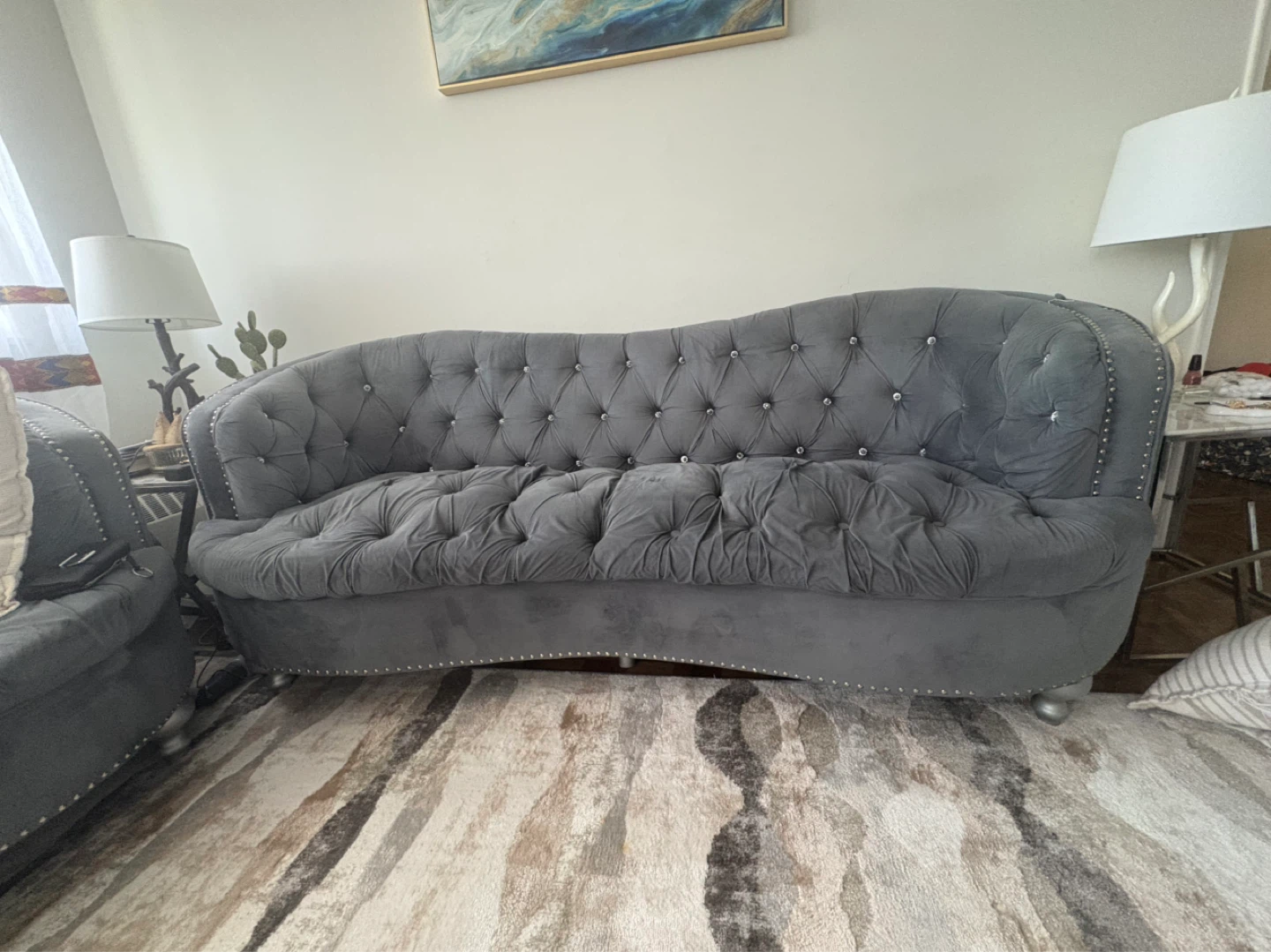 Grey Tufted Loveseat Sofa