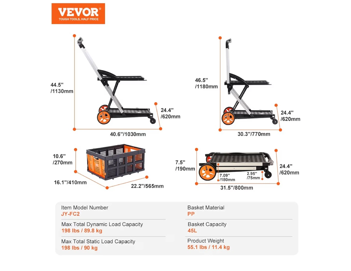 VEVOR Folding Shopping Cart with Collapsible Baskets - photo 5
