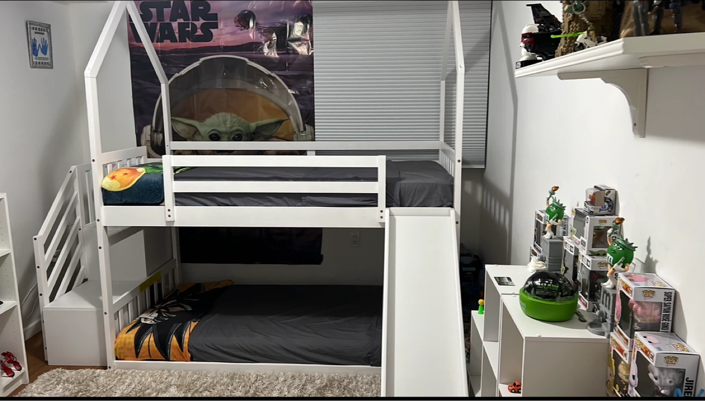 White Twin over Twin House Bunk Bed with Slide and Stairs