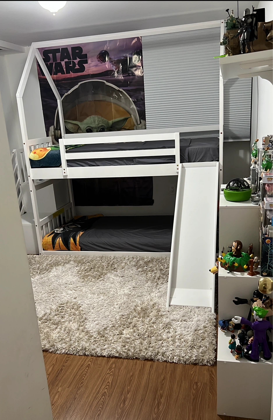 White Twin over Twin House Bunk Bed with Slide and Stairs - photo 2