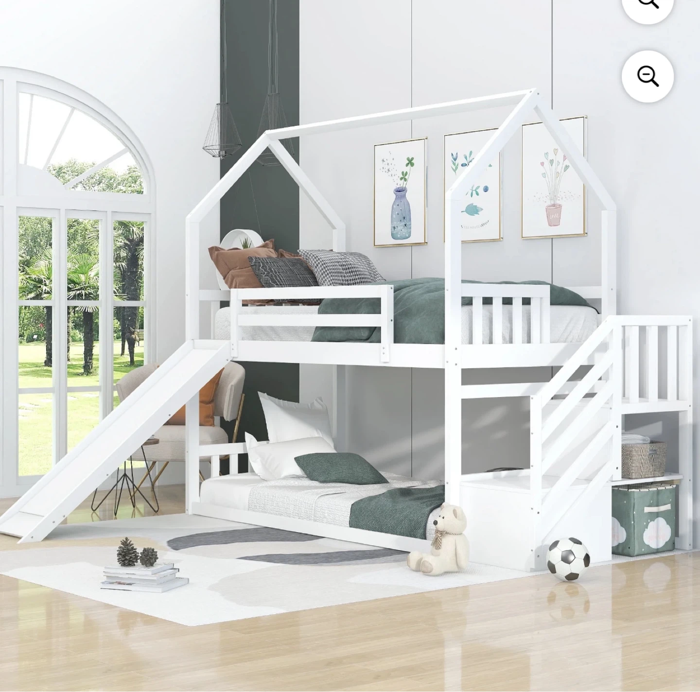 White Twin over Twin House Bunk Bed with Slide and Stairs - photo 3