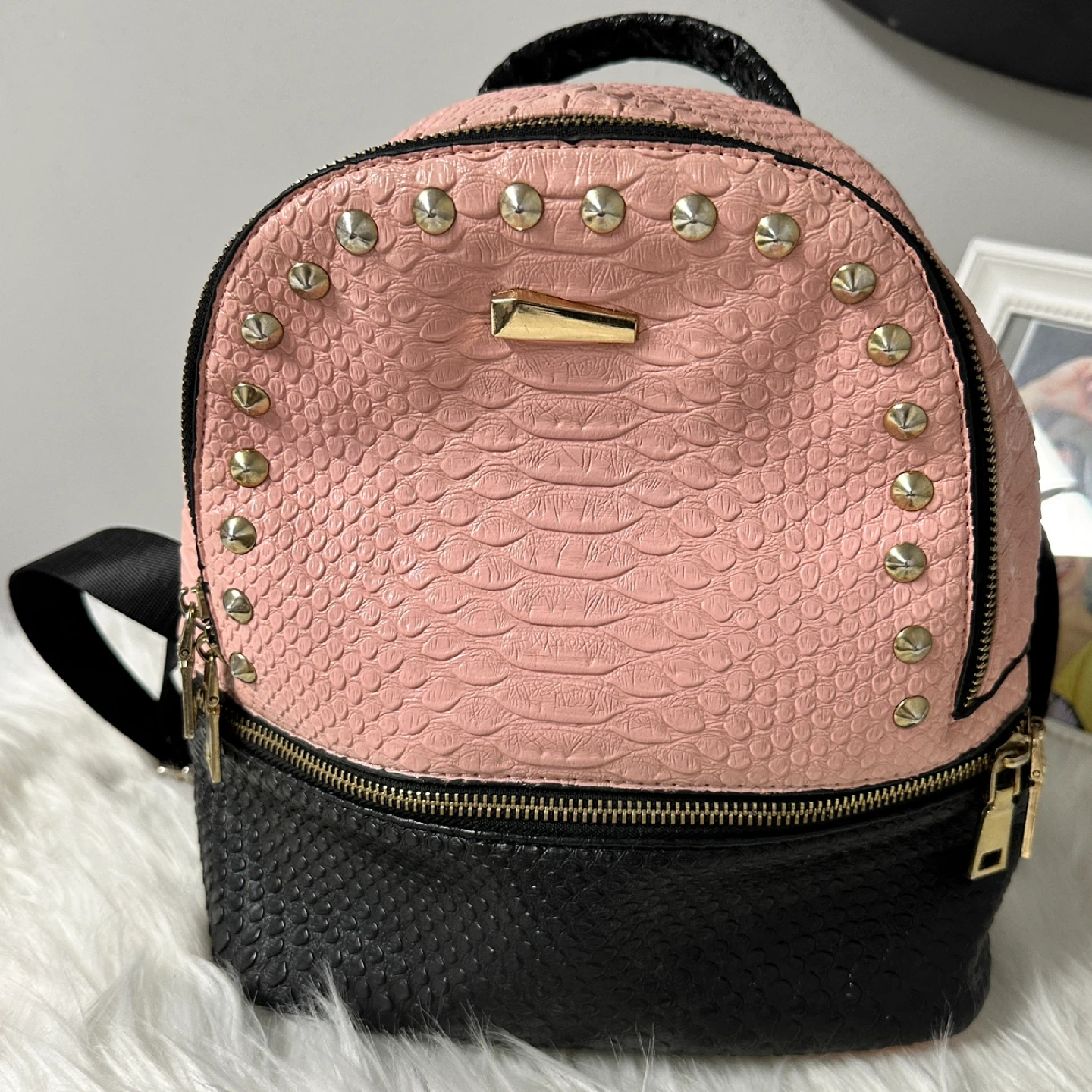 Pink & Black Studded Mini Backpack