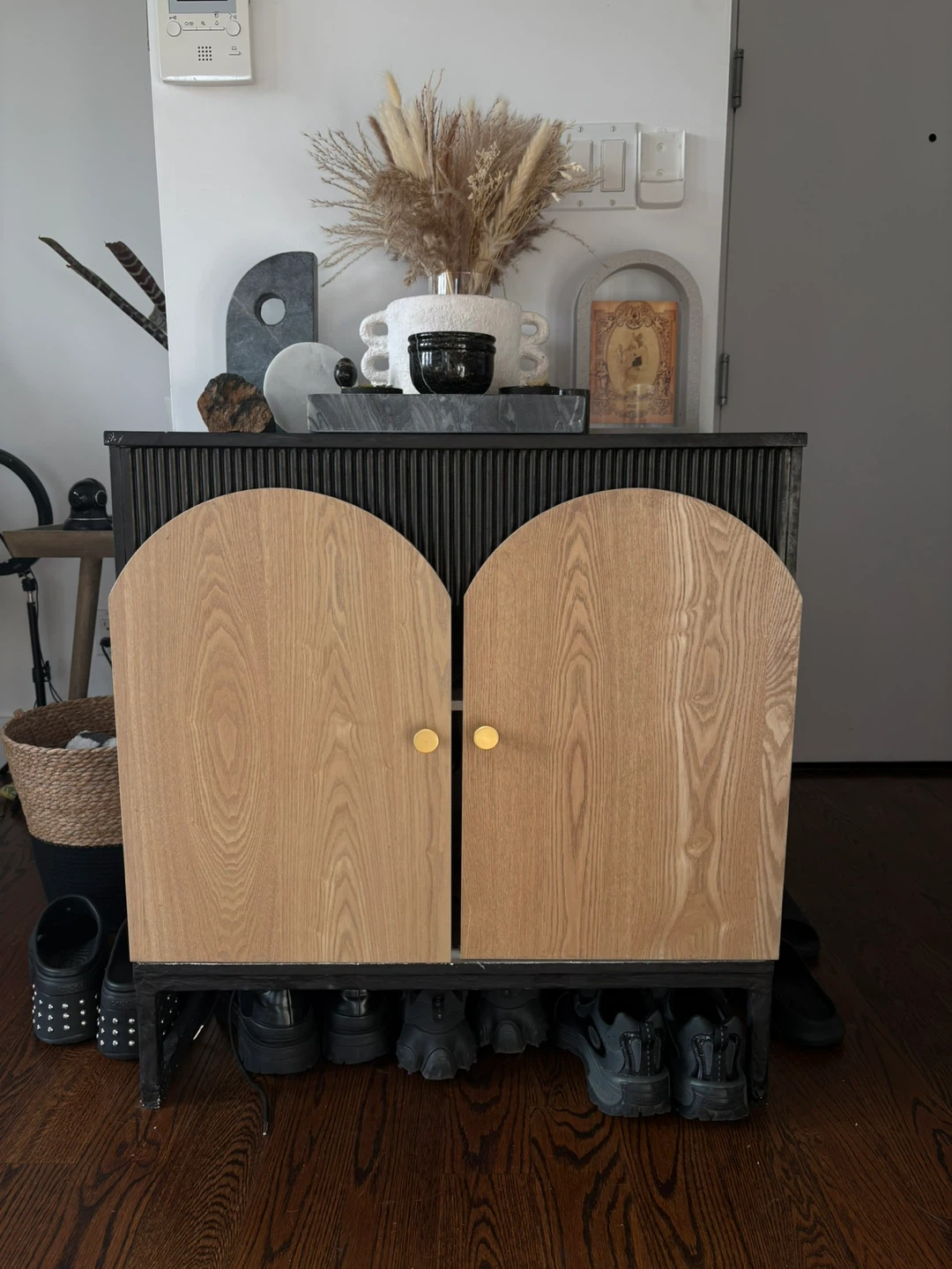 Black Cabinet with Arched Wooden Doors