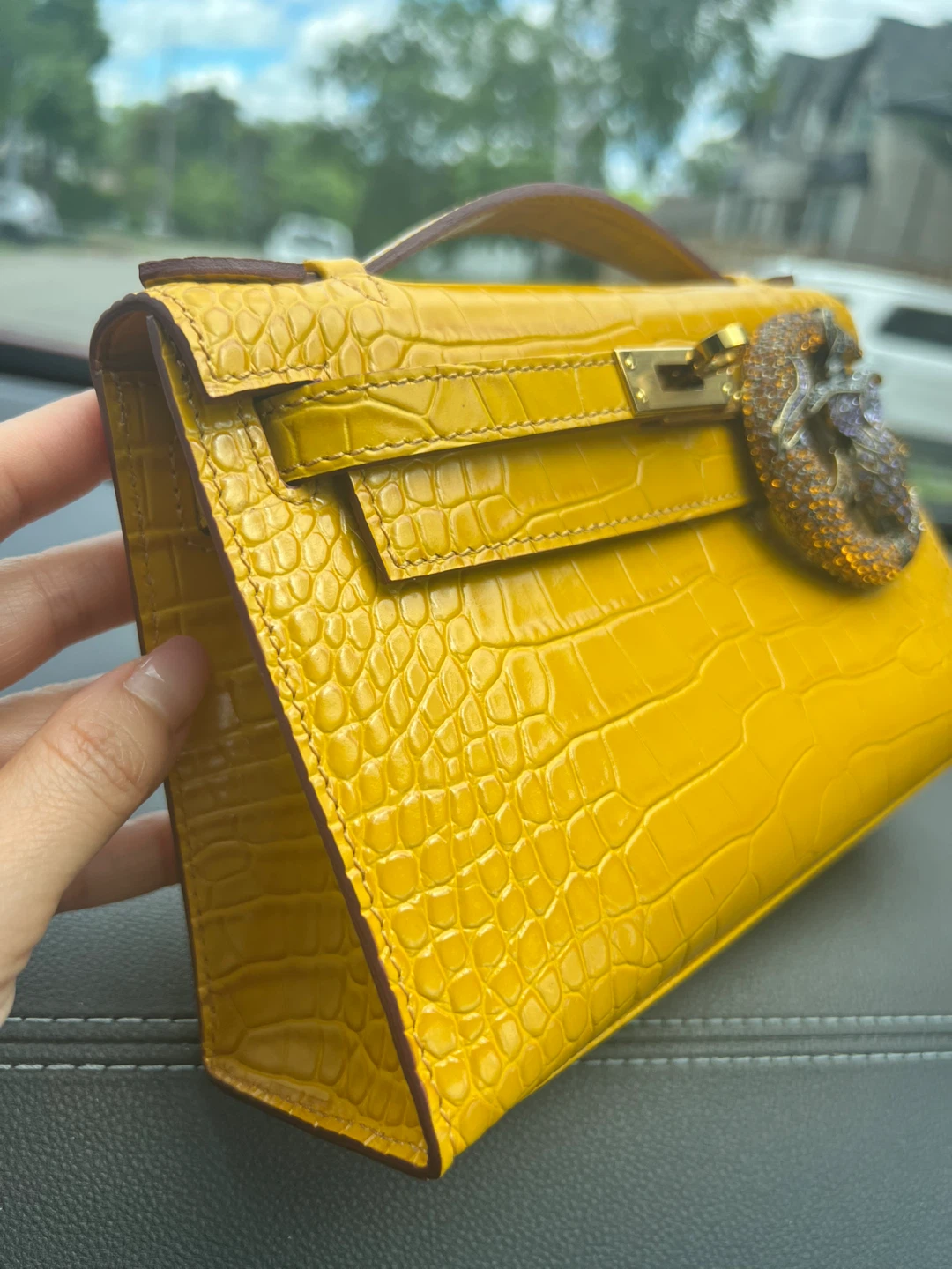 Yellow Crocodile Embossed Mini Handbag with Witchy Charm - photo 2