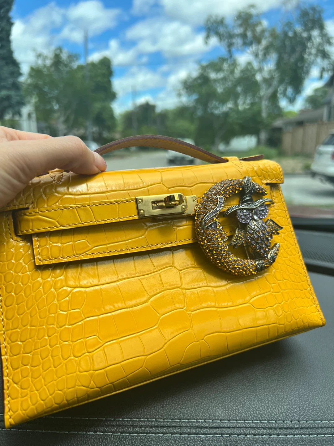 Yellow Crocodile Embossed Mini Handbag with Witchy Charm