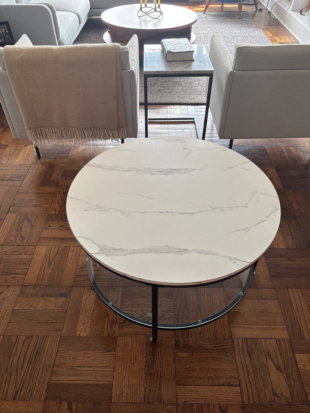 Round Faux Marble Top Coffee Table with Glass Shelf - photo 2