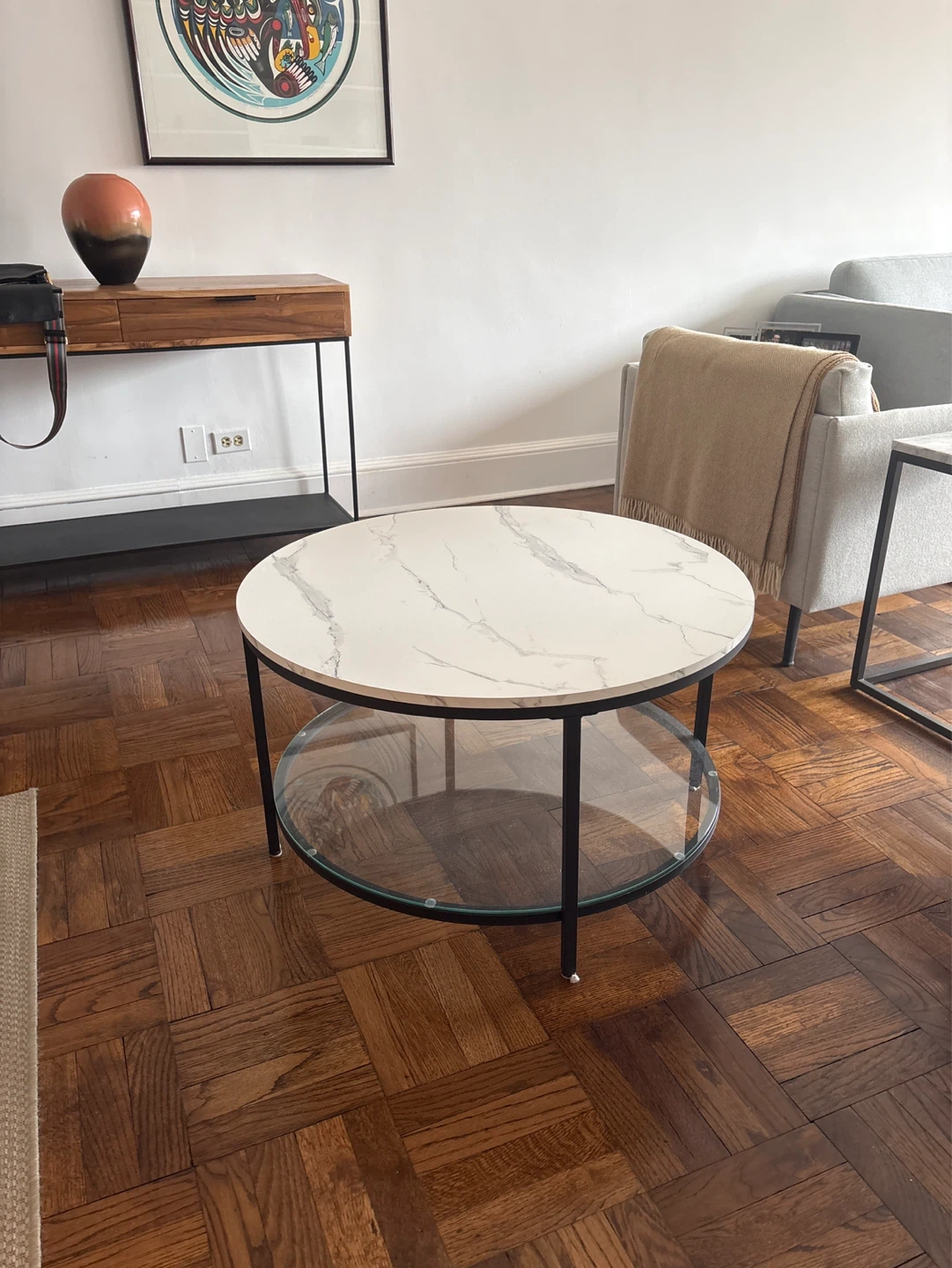 Round Faux Marble Top Coffee Table with Glass Shelf