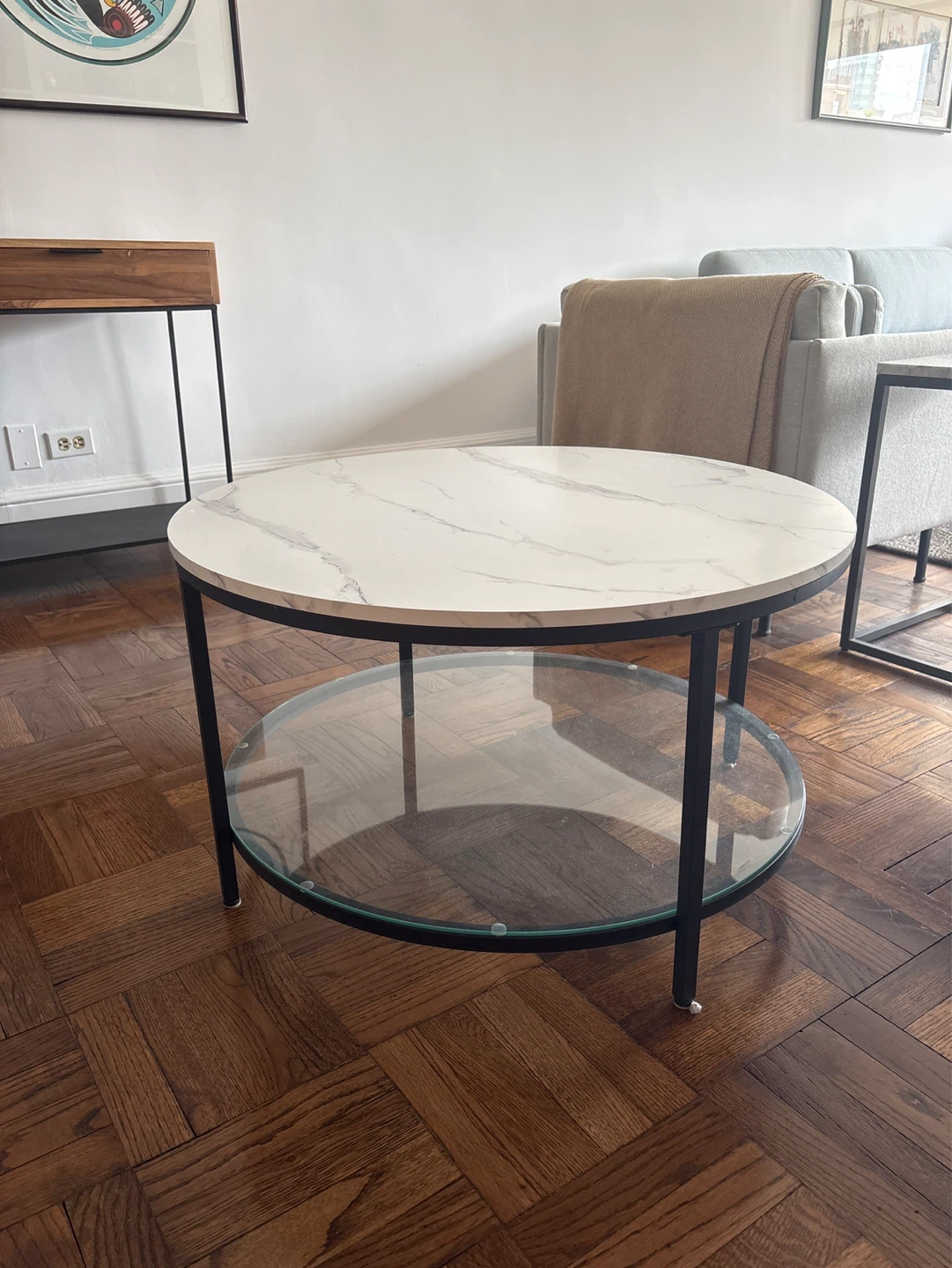 Round Faux Marble Top Coffee Table with Glass Shelf - photo 3