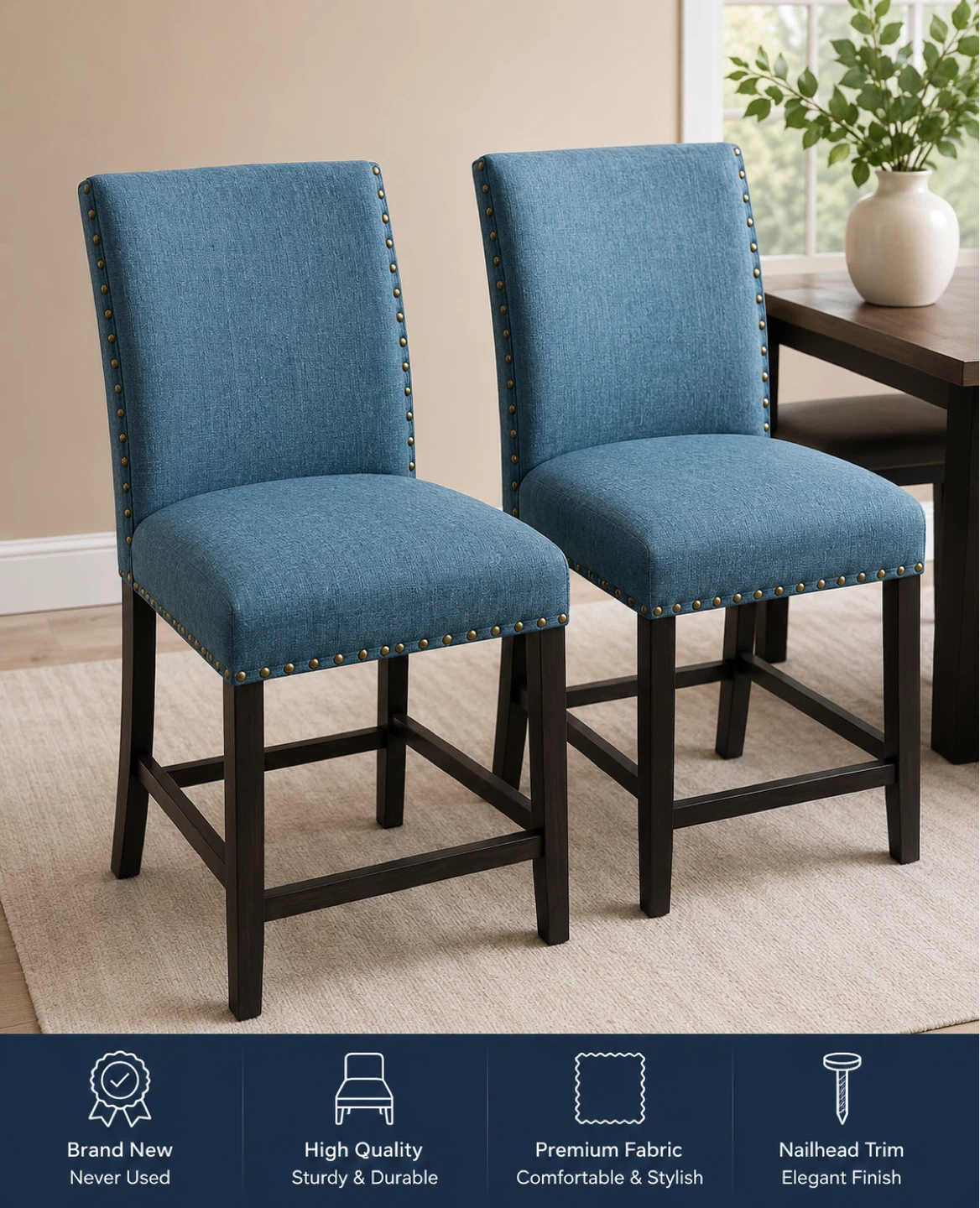 Blue Upholstered Counter Stools with Nailhead Trim (Set of 2)