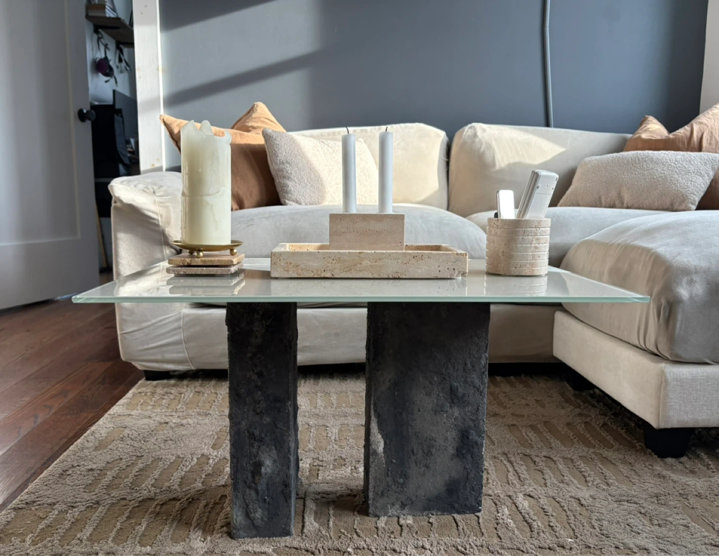 Glass Coffee Table with Stone Legs