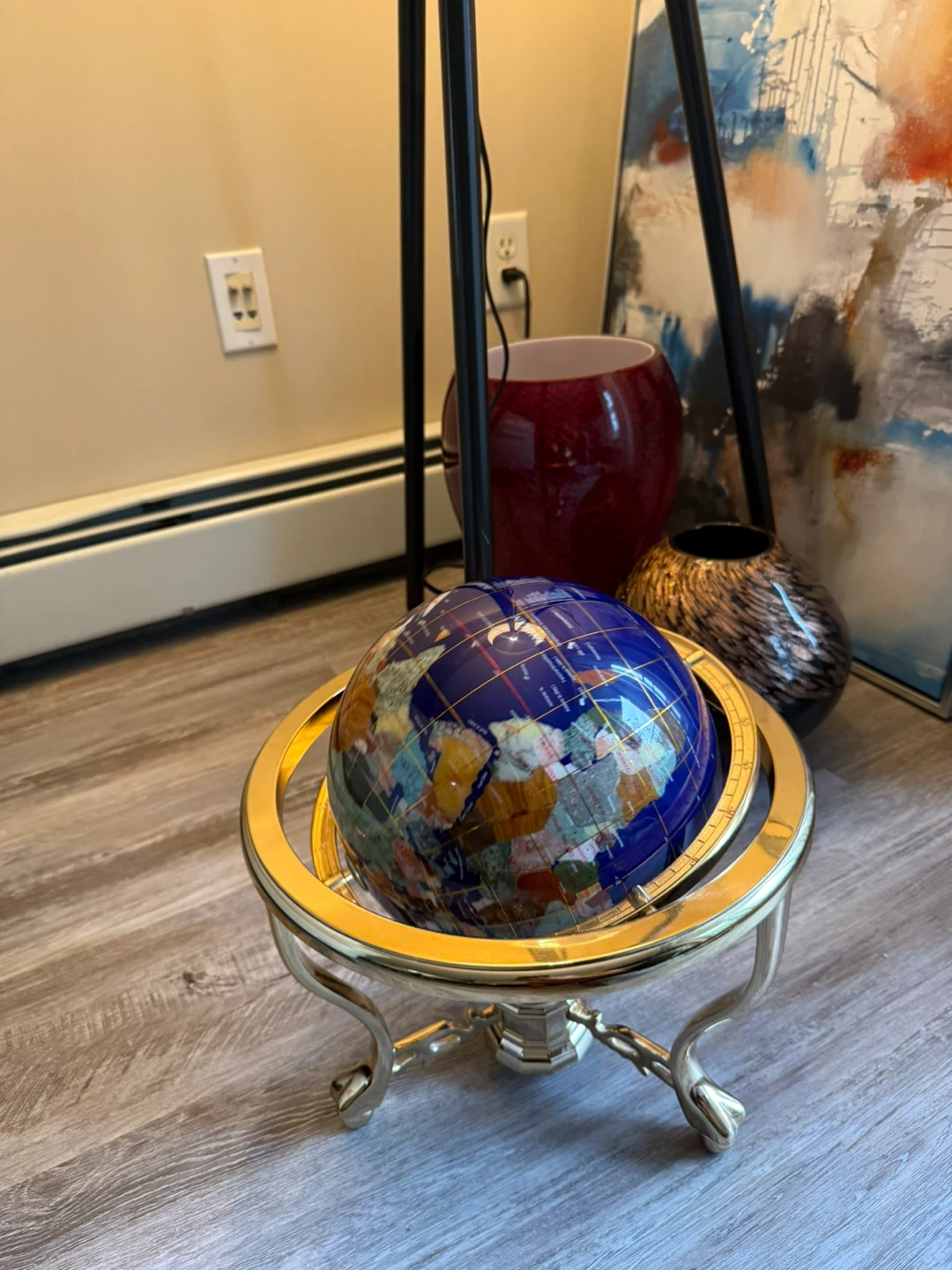 Large Gemstone Globe on Brass Stand – Excellent Condition