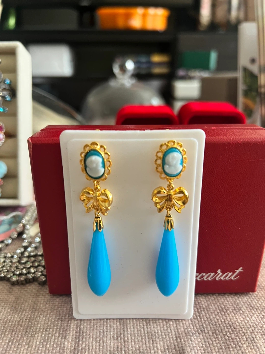 Gold Tone Cameo and Turquoise Dangle Earrings