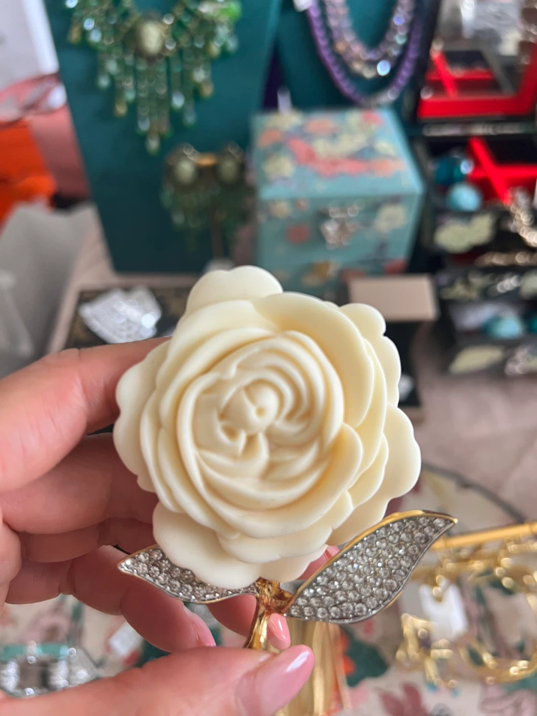 Cream Rose Brooch with Rhinestone Leaves