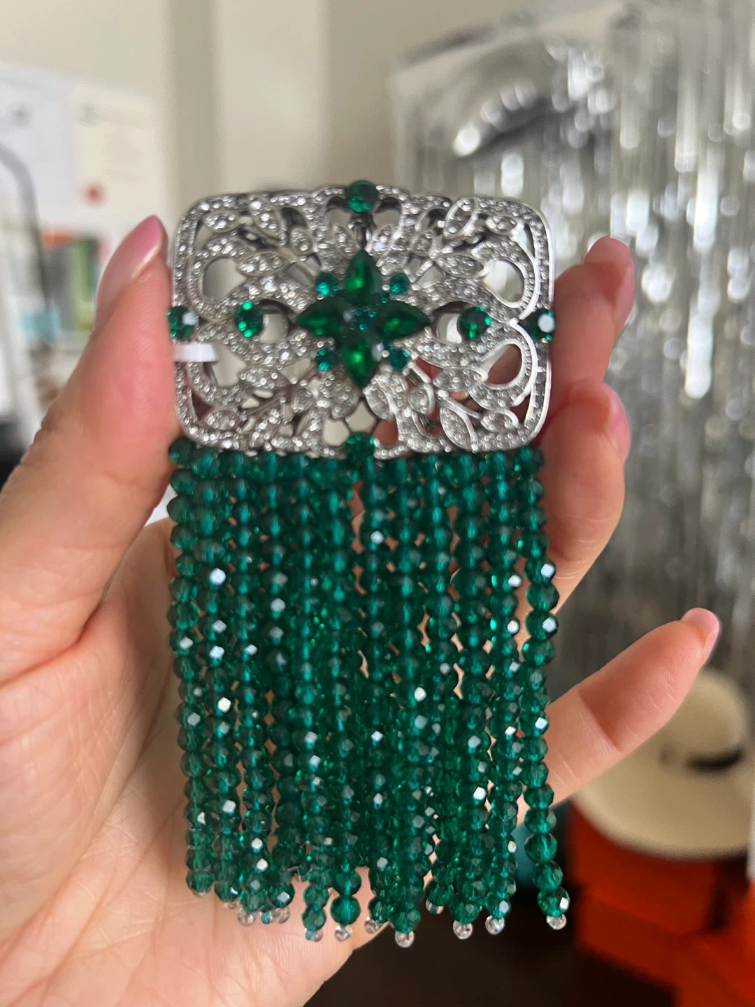 Emerald Green Crystal Tassel Brooch