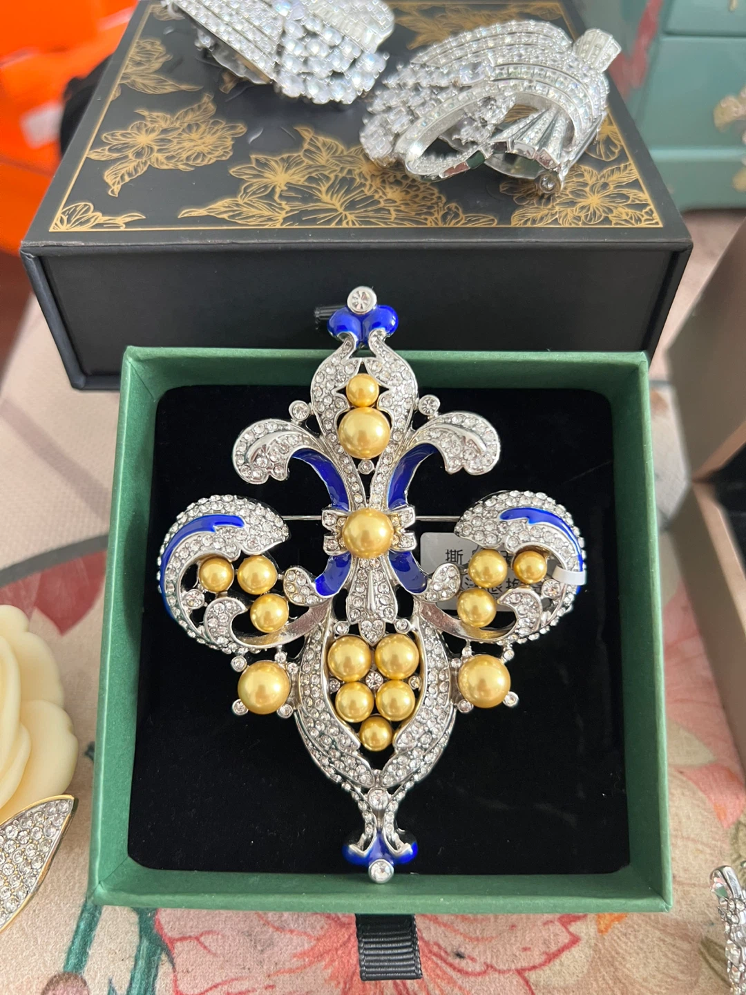 Ornate Blue and Gold Brooch