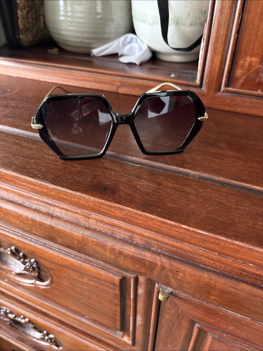 Black Octagonal Sunglasses with Gold Accents