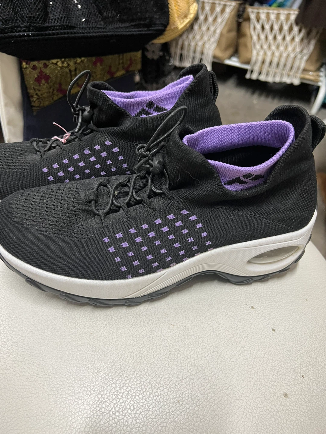 Black Knit Sneakers with Purple Accents