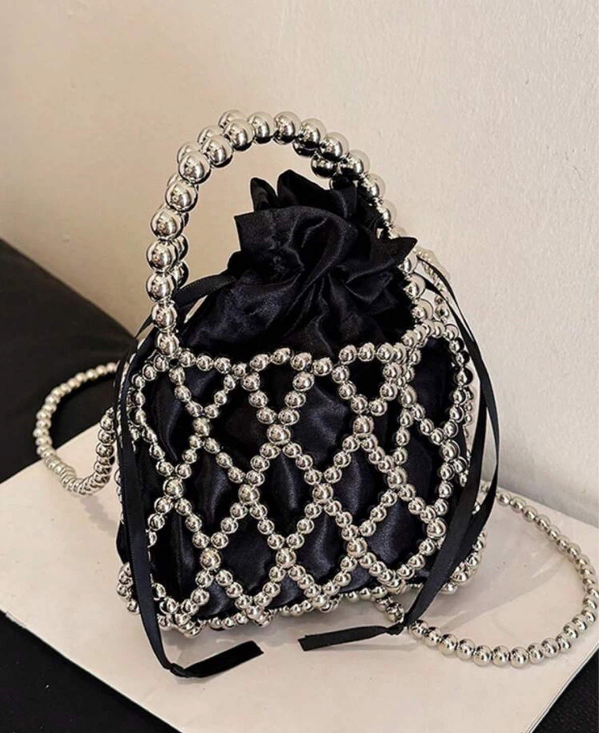Black & Silver Beaded Bucket Bag